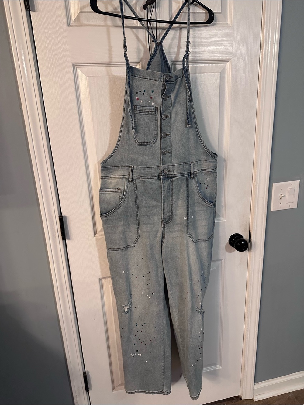 Light Wash distressed denim Overalls with Paint Splatter